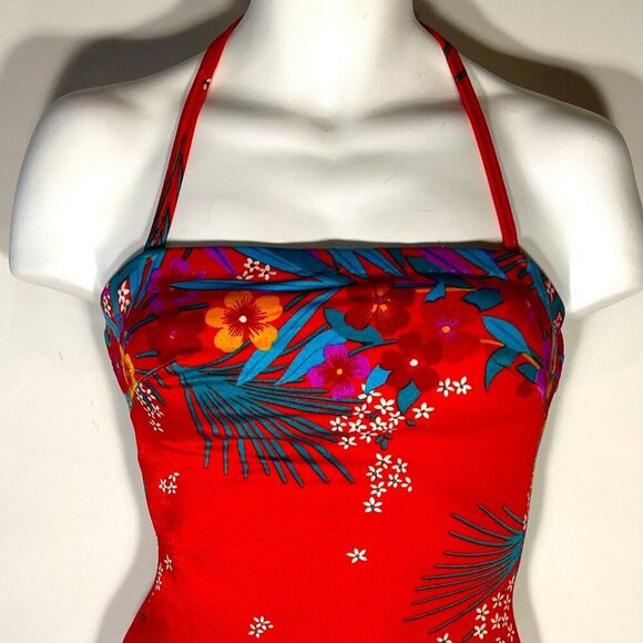 Sirena Vintage SZ 14 Red Tropical Print Tummy Control Swimsuit 80's Beach Swim - Picture 3 of 9